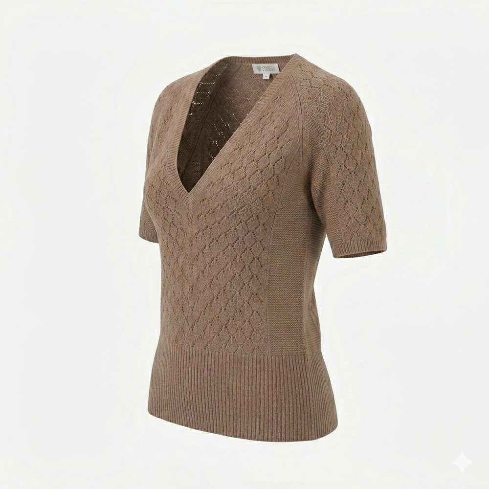 Kinross Cashmere Short Sleeve V-neck Sweater Top Pointelle Knit Tan size Medium